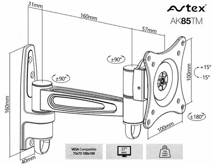 Avtex AK-85TM 1 - Draaibare Single Arm Muurbeugel