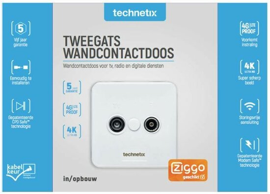 Technetix TN-TRAS2000-S Radio/tv Wandcontactdoos Coax 2 Uitgangen