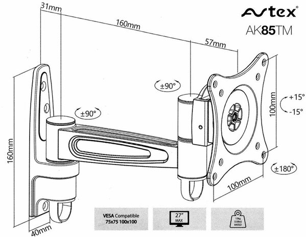 Avtex AK-85TM 1 - Draaibare Single Arm Muurbeugel